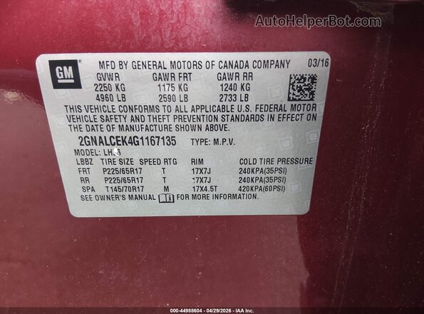 2GNALCEK4G1167135 2016 CHEVROLET EQUINOX Burgundy Widok komory silnika