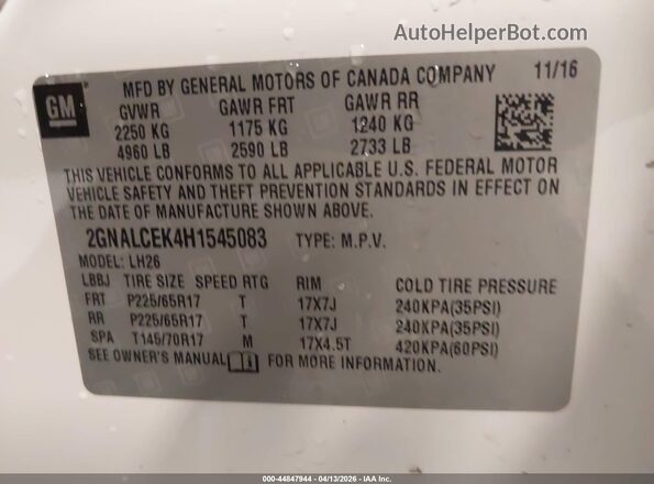 2GNALCEK4H1545083 2017 CHEVROLET EQUINOX White ძრავის განყოფილების ხედი