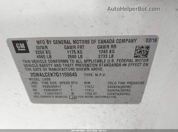 2GNALCEK7G1155643 2016 CHEVROLET EQUINOX White ძრავის განყოფილების ხედი