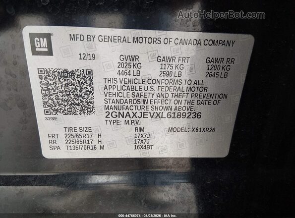 2GNAXJEVXL6189236 2020 CHEVROLET EQUINOX Черный Вид подкапотного пространства