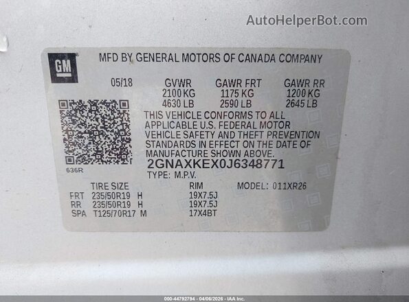 2GNAXKEX0J6348771 2018 CHEVROLET EQUINOX Silver ძრავის განყოფილების ხედი