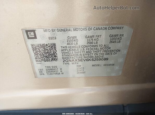 2GNAXSEV6K6259089 2019 CHEVROLET EQUINOX Gold Engine compartment view