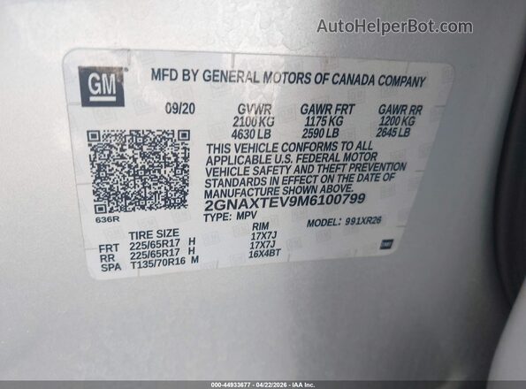 2GNAXTEV9M6100799 2021 CHEVROLET EQUINOX Silver Engine compartment view