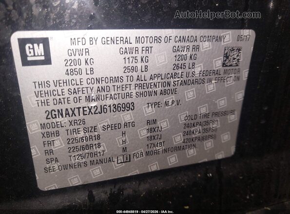 2GNAXTEX2J6136993 2018 CHEVROLET EQUINOX Черный 
