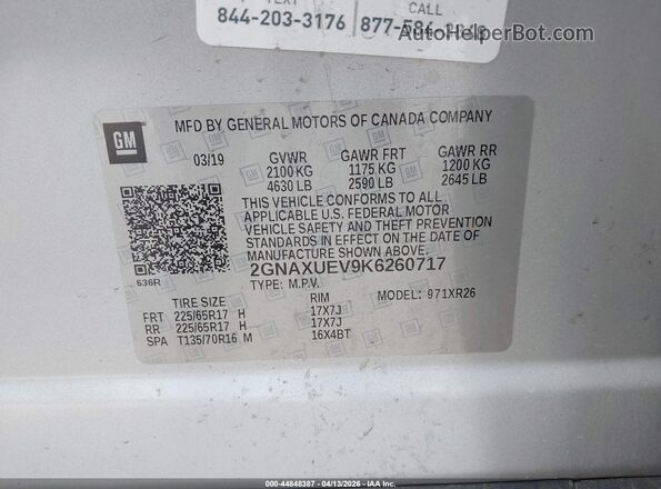 2GNAXUEV9K6260717 2019 CHEVROLET EQUINOX Silver ძრავის განყოფილების ხედი