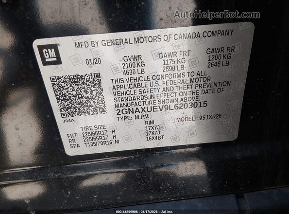 2GNAXUEV9L6203015 2020 CHEVROLET EQUINOX Black Widok komory silnika