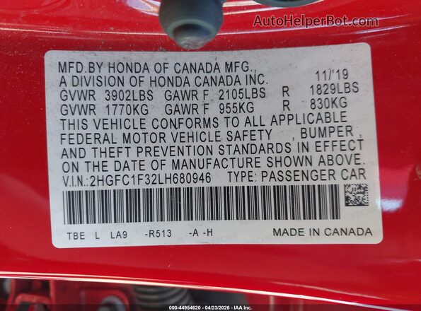 2HGFC1F32LH680946 2020 HONDA CIVIC Red Widok komory silnika