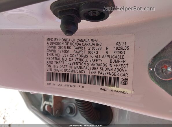 2HGFC1F32MH702574 2021 HONDA CIVIC White Вид підкапотного простору