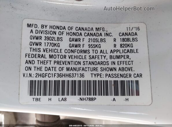 2HGFC1F36HH637136 2017 HONDA CIVIC White Engine compartment view