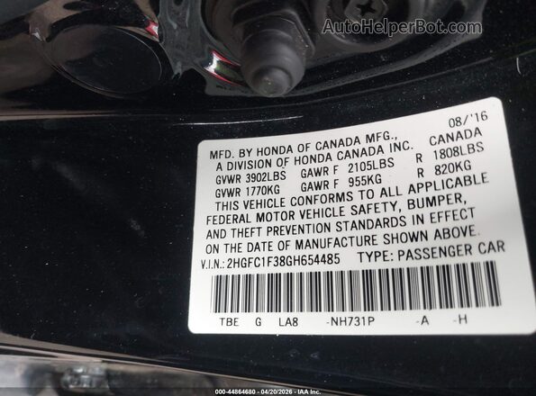 2HGFC1F38GH654485 2016 HONDA CIVIC Black Engine compartment view