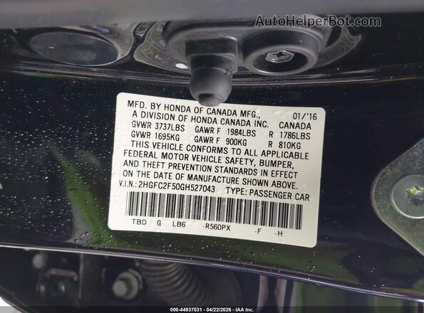2HGFC2F50GH527043 2016 HONDA CIVIC Black Engine compartment view