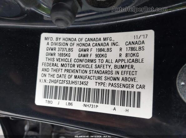 2HGFC2F53JH513452 2018 HONDA CIVIC Черный Вид подкапотного пространства