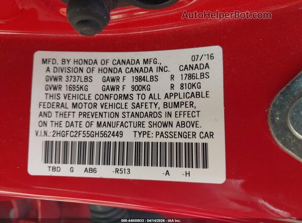 2HGFC2F55GH562449 2016 HONDA CIVIC Red Engine compartment view