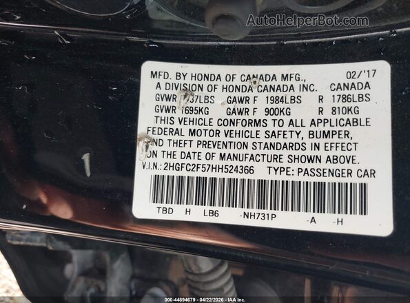 2HGFC2F57HH524366 2017 HONDA CIVIC Black Շարժիչի բաժամունքի տեսք