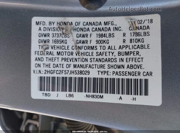 2HGFC2F57JH538029 2018 HONDA CIVIC Silver 