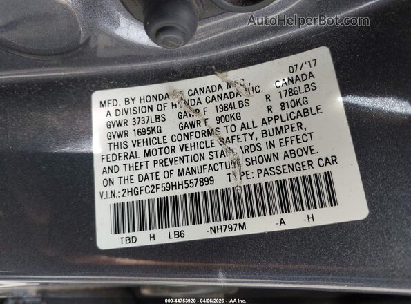 2HGFC2F59HH557899 2017 HONDA CIVIC Gray ძრავის განყოფილების ხედი