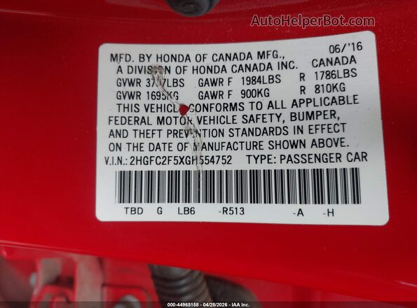 2HGFC2F5XGH554752 2016 HONDA CIVIC Red Շարժիչի բաժամունքի տեսք