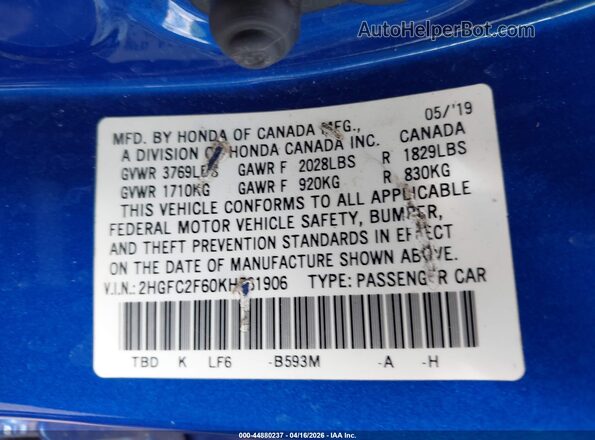 2HGFC2F60KH561906 2019 HONDA CIVIC Blue Շարժիչի բաժամունքի տեսք
