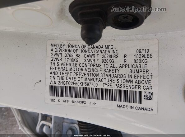 2HGFC2F60KH597790 2019 HONDA CIVIC White Вид підкапотного простору