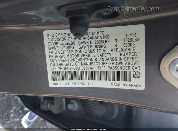 2HGFC2F60LH525134 2020 HONDA CIVIC Gray Widok komory silnika