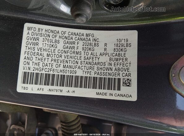 2HGFC2F61LH501909 2020 HONDA CIVIC Gray 