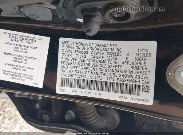 2HGFC2F62LH504172 2020 HONDA CIVIC Black ძრავის განყოფილების ხედი