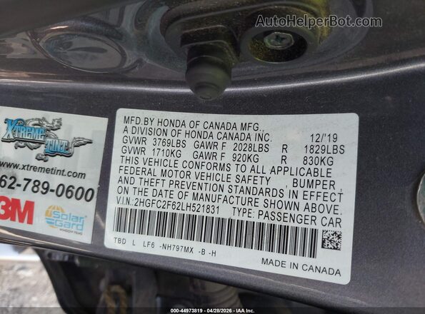 2HGFC2F62LH521831 2020 HONDA CIVIC Gray Շարժիչի բաժամունքի տեսք