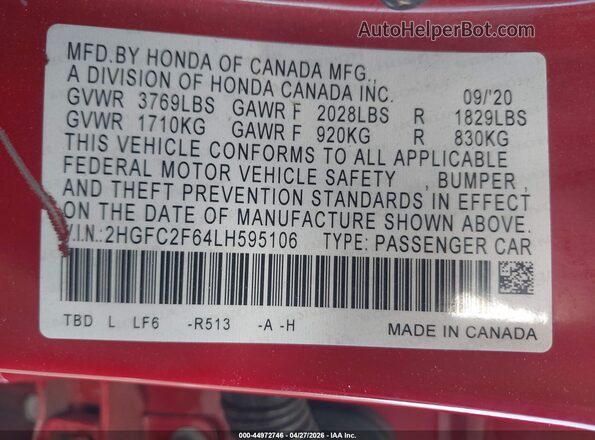 2HGFC2F64LH595106 2020 HONDA CIVIC Red Widok komory silnika