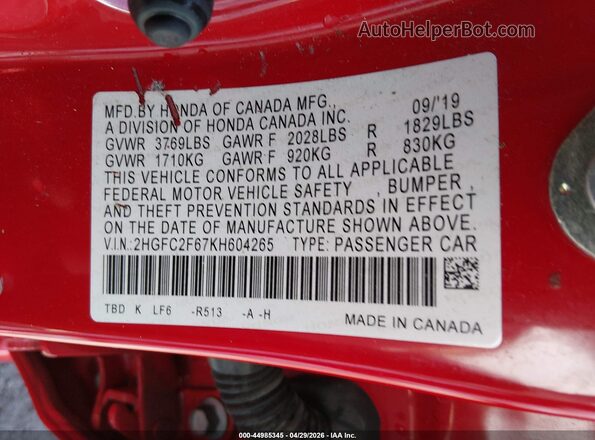 2HGFC2F67KH604265 2019 HONDA CIVIC Red Вид підкапотного простору