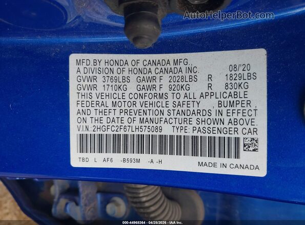 2HGFC2F67LH575089 2020 HONDA CIVIC Blue 