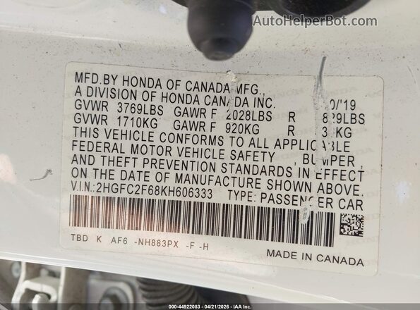 2HGFC2F68KH606333 2019 HONDA CIVIC White Vista del compartimento del motor