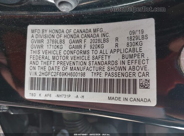 2HGFC2F69KH600198 2019 HONDA CIVIC Black Շարժիչի բաժամունքի տեսք