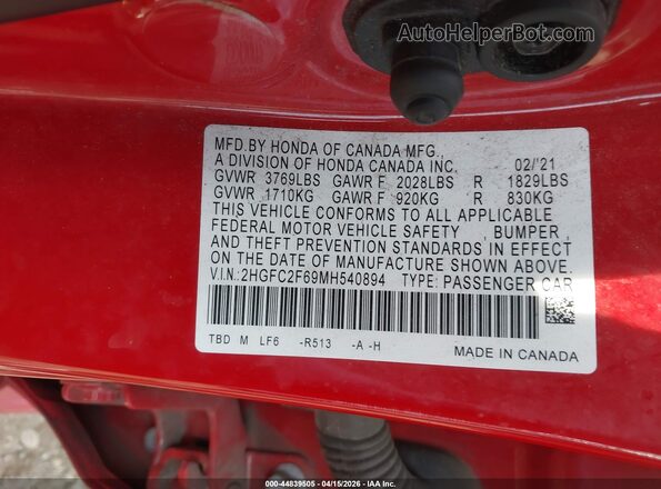 2HGFC2F69MH540894 2021 HONDA CIVIC Red Շարժիչի բաժամունքի տեսք