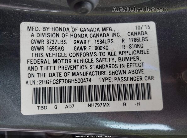 2HGFC2F70GH500474 2016 HONDA CIVIC Gray Widok komory silnika