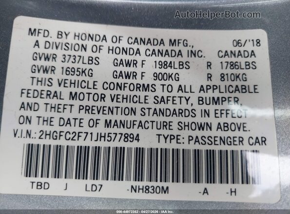 2HGFC2F71JH577894 2018 HONDA CIVIC Silver 