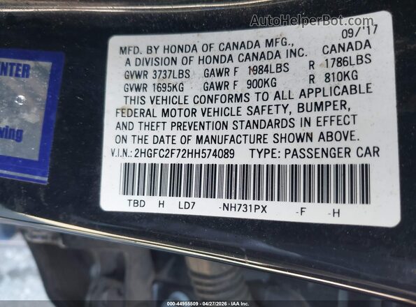 2HGFC2F72HH574089 2017 HONDA CIVIC Black 