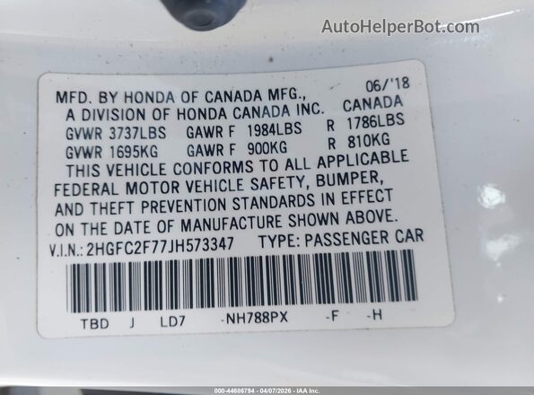 2HGFC2F77JH573347 2018 HONDA CIVIC White Вид підкапотного простору
