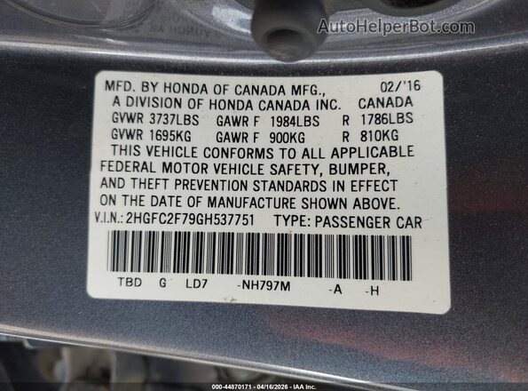 2HGFC2F79GH537751 2016 HONDA CIVIC Gray Widok komory silnika