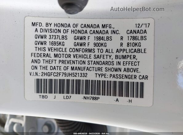 2HGFC2F79JH521332 2018 HONDA CIVIC White Widok komory silnika