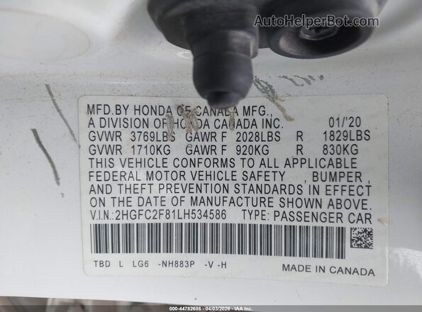 2HGFC2F81LH534586 2020 HONDA CIVIC White Շարժիչի բաժամունքի տեսք