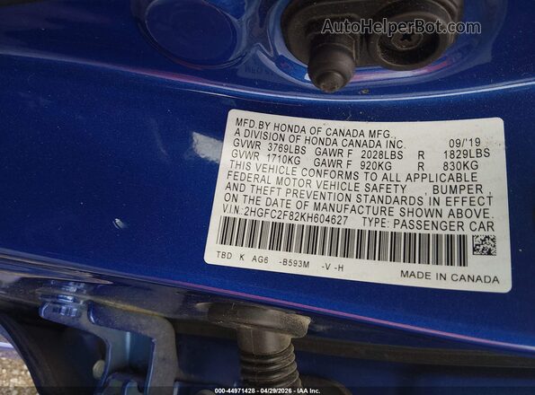 2HGFC2F82KH604627 2019 HONDA CIVIC Синий 