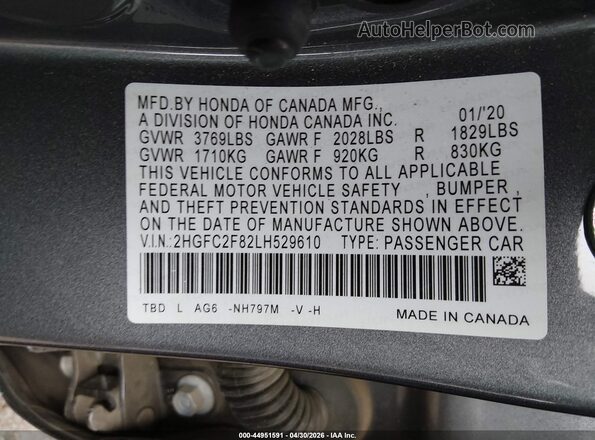 2HGFC2F82LH529610 2020 HONDA CIVIC Gray Widok komory silnika