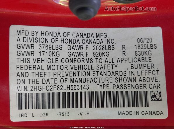 2HGFC2F82LH563143 2020 HONDA CIVIC Red Engine compartment view