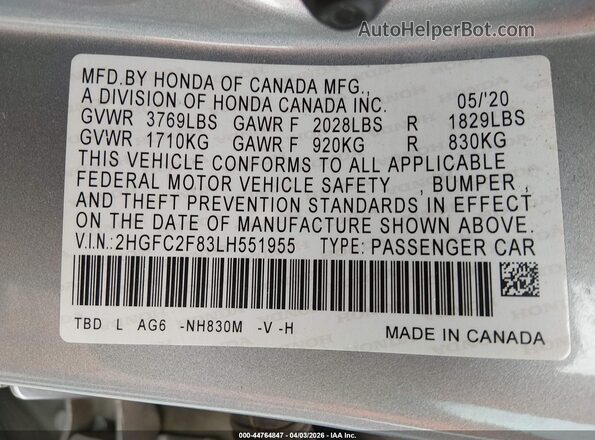 2HGFC2F83LH551955 2020 HONDA CIVIC Silver Widok komory silnika