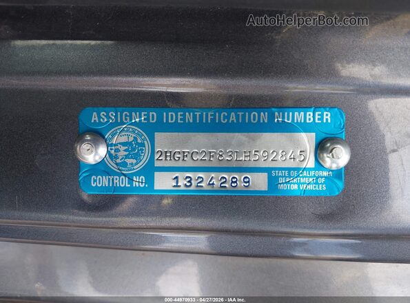 2HGFC2F83LH592845 2020 HONDA CIVIC Gray Вид підкапотного простору