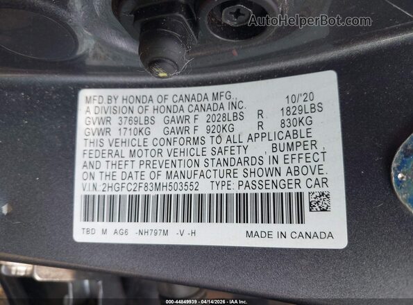 2HGFC2F83MH503552 2021 HONDA CIVIC Gray 
