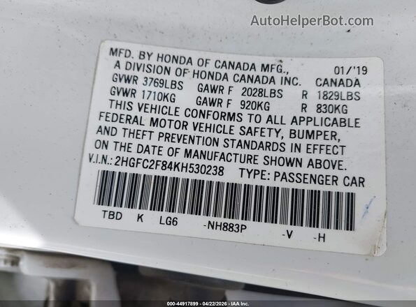 2HGFC2F84KH530238 2019 HONDA CIVIC White Вид підкапотного простору