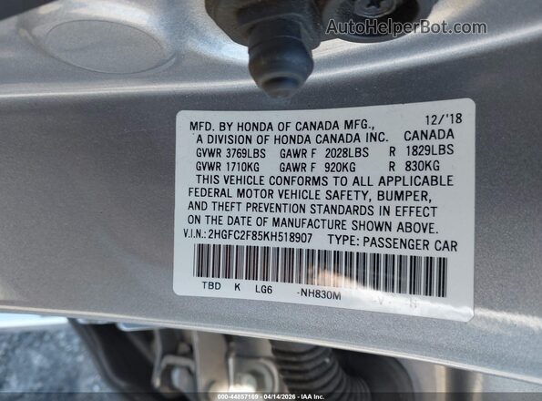 2HGFC2F85KH518907 2019 HONDA CIVIC Silver Engine compartment view