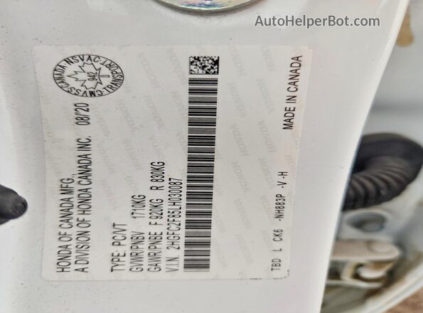 2HGFC2F85LH030087 2020 HONDA CIVIC White ძრავის განყოფილების ხედი