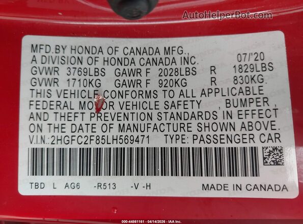 2HGFC2F85LH569471 2020 HONDA CIVIC Red Vista del compartimento del motor